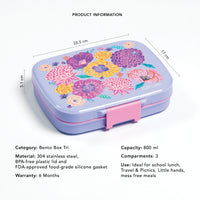 Bento box with floral design and product information on a white background