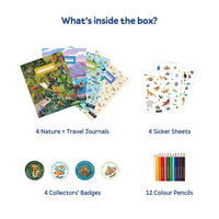 Educational kit contents including nature travel journals, sticker sheets, collectors' badges, and color pencils on a white background.