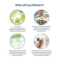 Educational product features with images of a world map, nature illustrations, and a child reading, accompanied by text about learning outcomes.