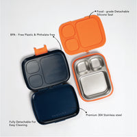 Kids Bento Lunch Box with detachable stainless steel compartments and silicone seal showing easy cleaning and leakproof design