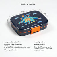 Bento lunch box with dinosaur design on a white background