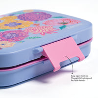 Colorful floral-patterned lunch box with a pink latch