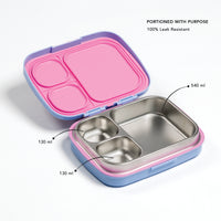 Stainless steel and pink compartmentalized food container with measurements