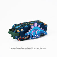 Colorful pouch with dinosaur design on a white background