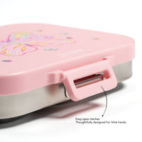 Pink children's lunch box with easy-open latch
