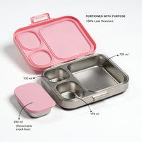 Stainless steel and pink compartmentalized food container with measurements labeled.