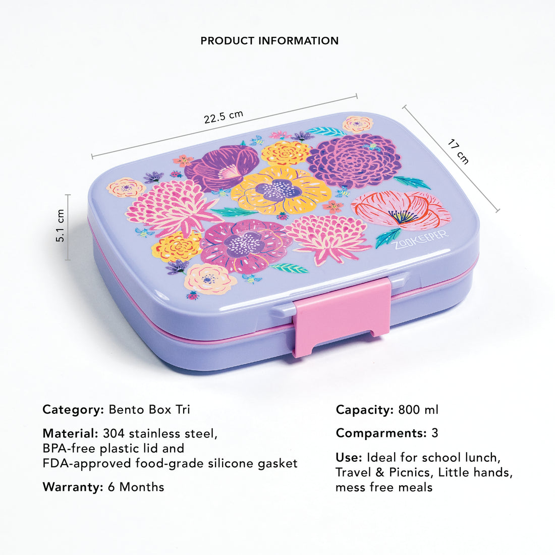 Bento box with floral design and product information on a white background