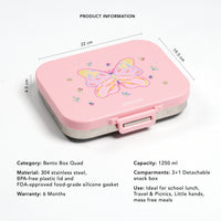 Pink zookeeper bento lunch box with butterfly design and product information on a white background