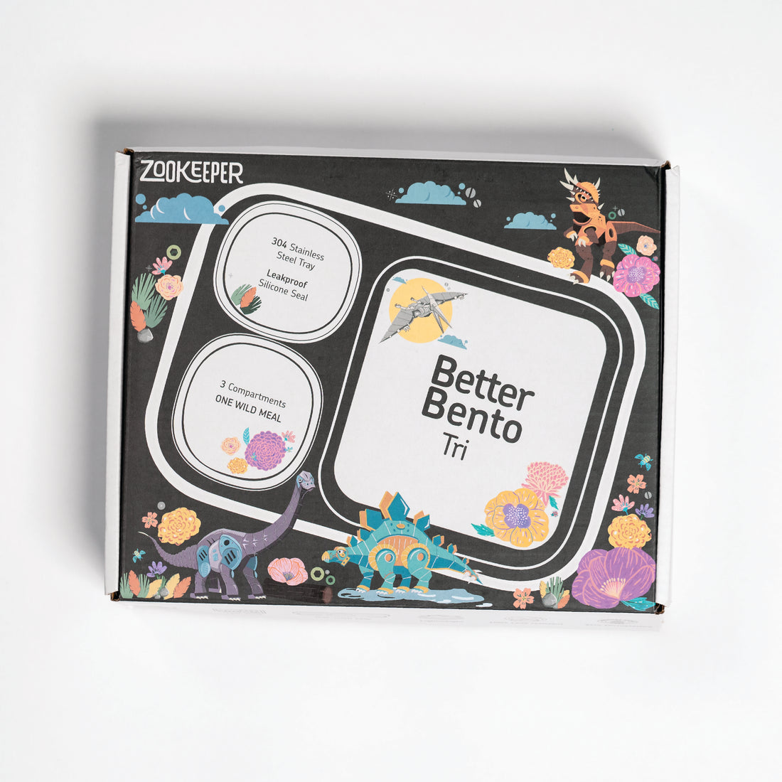 Zookeeper Better Bento Tri packaging with dinosaur illustrations on a white background