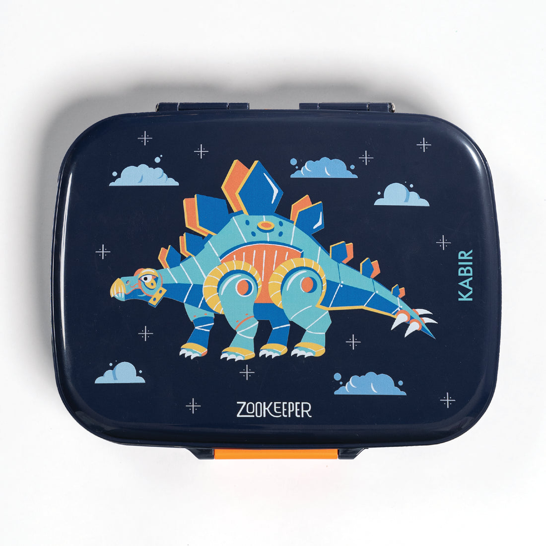 Children's lunch box with dinosaur design and 'Zookeeper' branding on a white background
