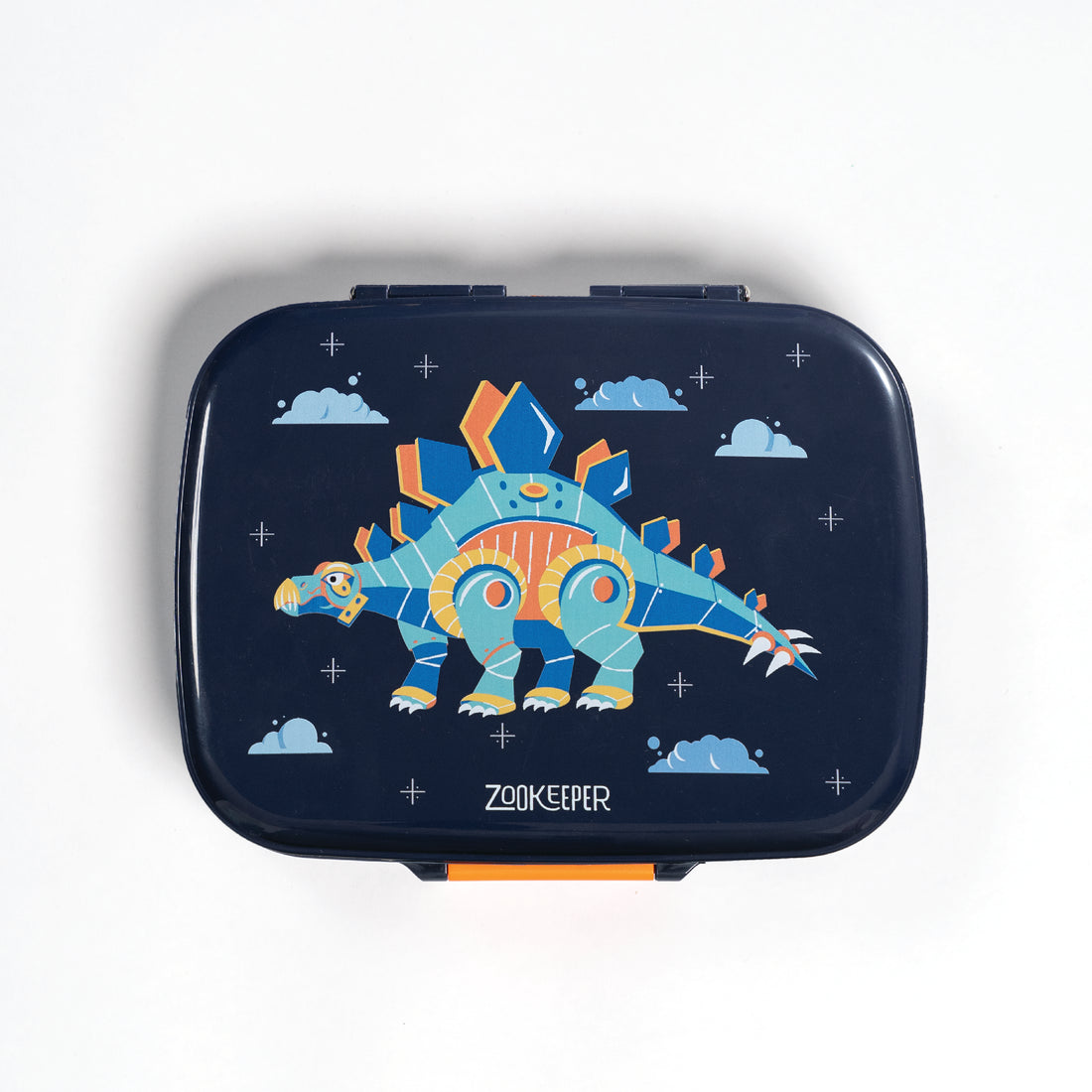 Kids Bento Lunch Box dinosaur print lid top view with compact design for organized school lunch use

