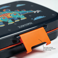 Kids Bento Lunch Box dinosaur print lid close up with easy open latch design for secure and child friendly school use