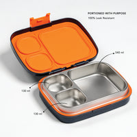 Kids Bento Lunch Box open stainless steel compartments with leak resistant design for portioned school meals use
