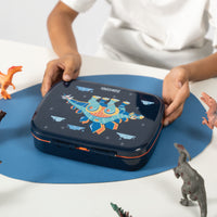 Kids Bento Lunch Box dinosaur print lid with child holding closed tiffin showing easy carry design for school use
