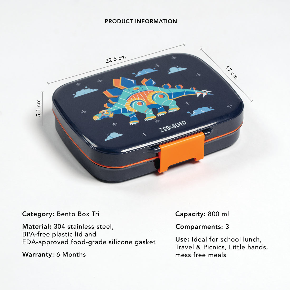 Bento lunch box with dinosaur design on a white background