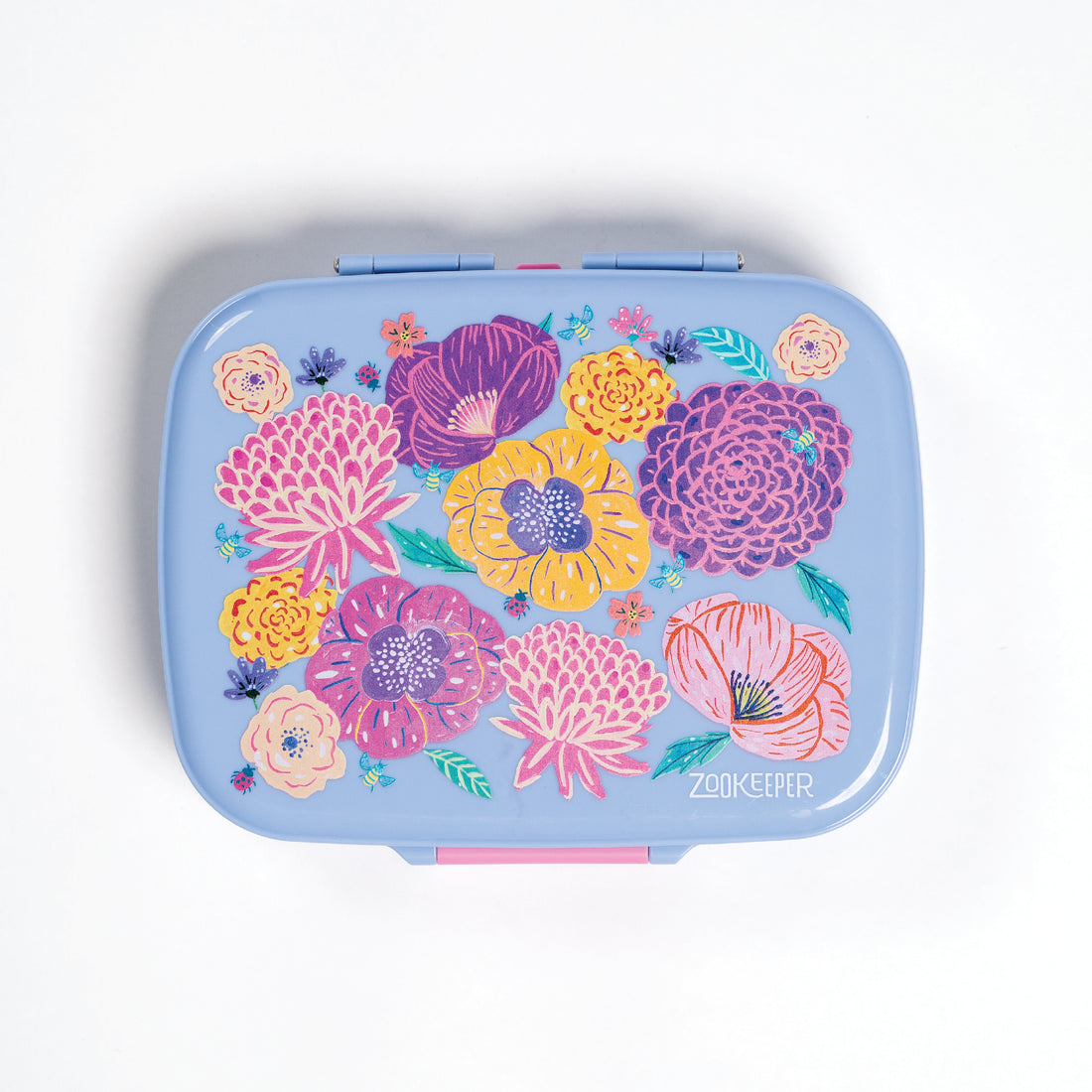 Floral-patterned container with Zookeeper branding