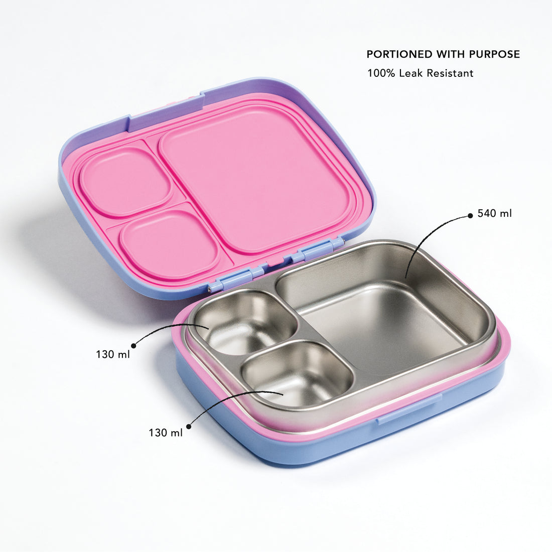 Stainless steel and pink compartmentalized food container with measurements