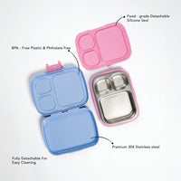 Two compartment food containers with pink and blue lids on a white background