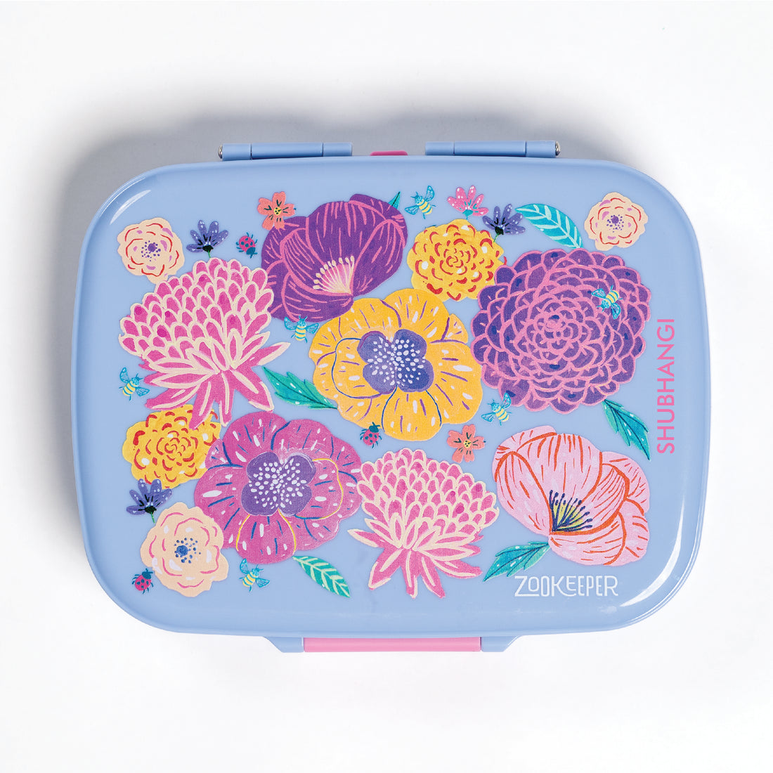 Floral-patterned container with colorful flowers on a white background