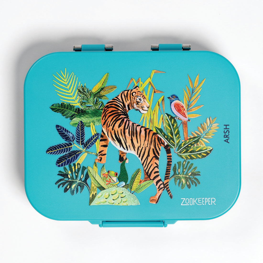 Green lunch box with a tiger design on a white background