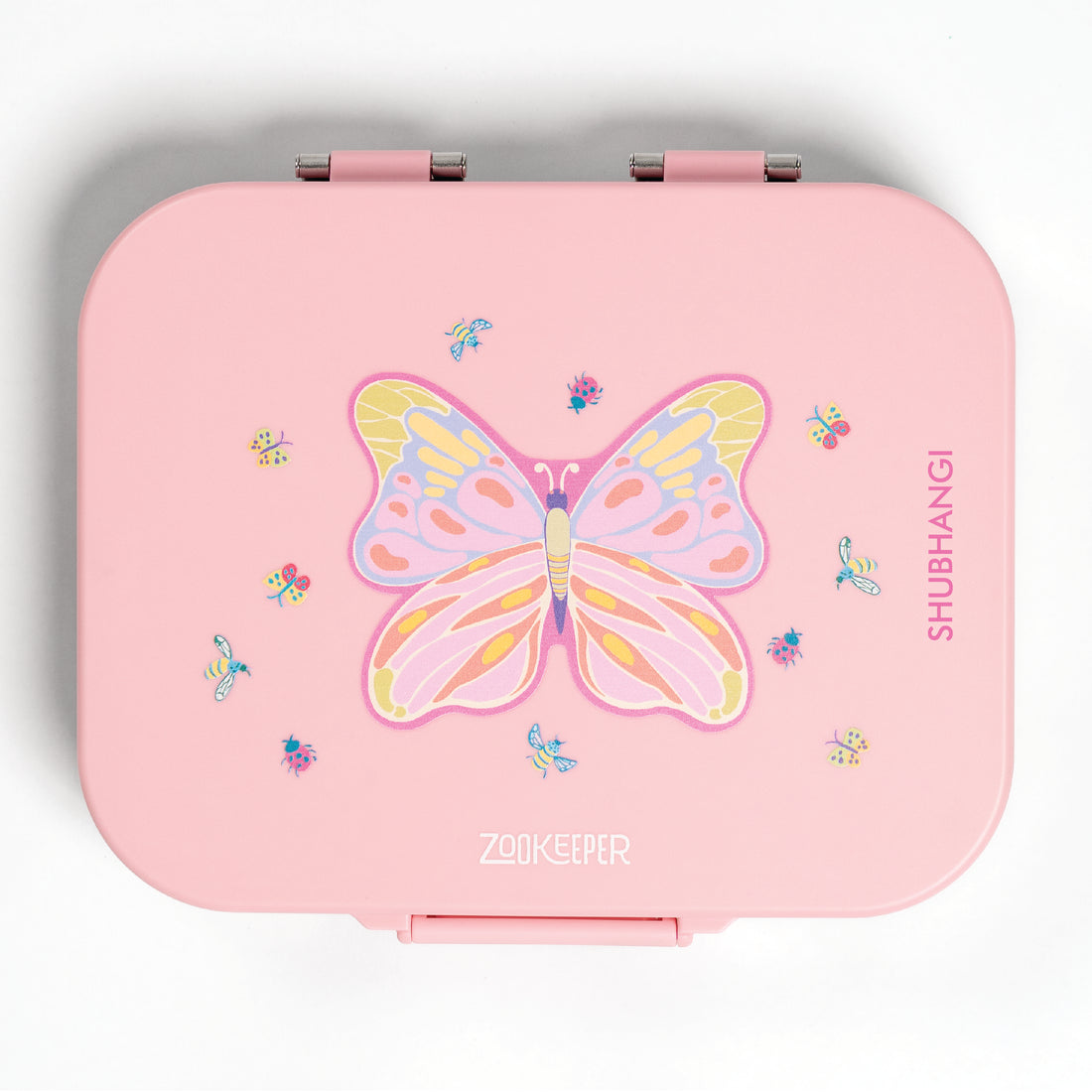 Pink lunch box with butterfly design and 'Zookeeper' branding on a white background