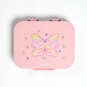 Pink lunch box with butterfly design on a white background