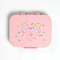 Pink lunch box with butterfly design on a white background