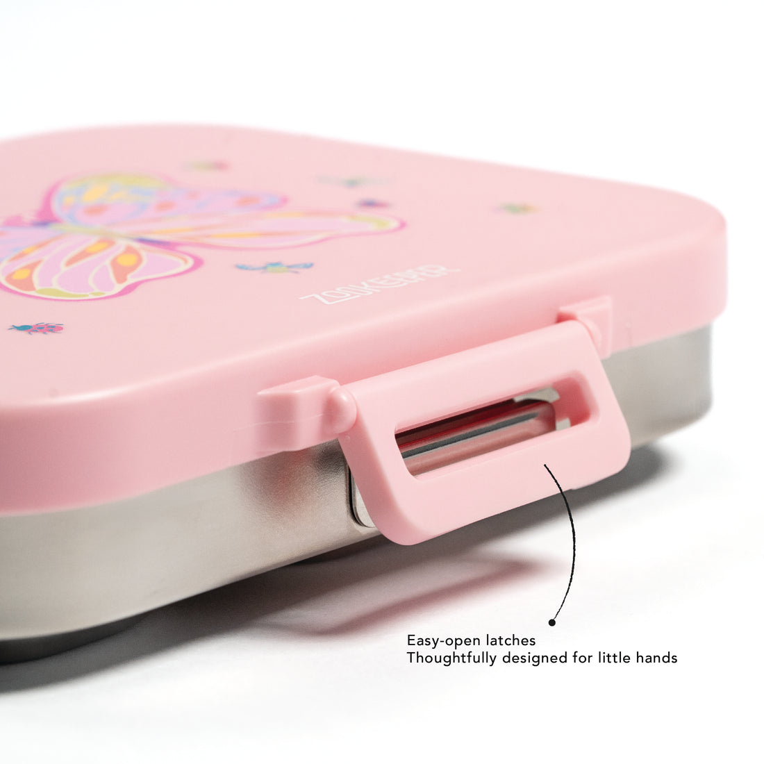 Pink children's lunch box with easy-open latch